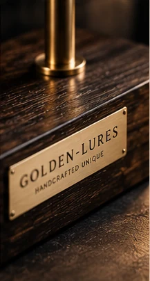 Nahaufnahme einer gravierten GOLDEN-LURES Plakette