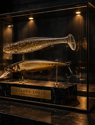 Goldener Softbait und Hardbait gemeinsam in Glasvitrine