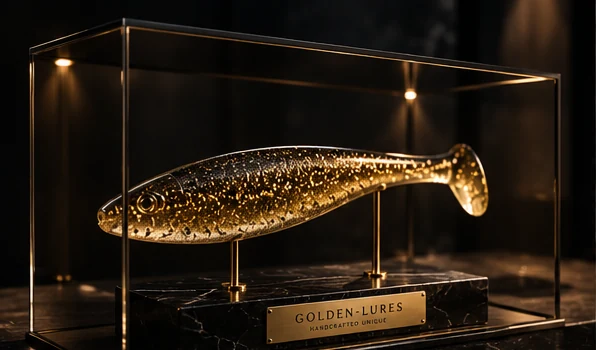 Goldener Gummifisch in Glasvitrine mit Licht und Sockel